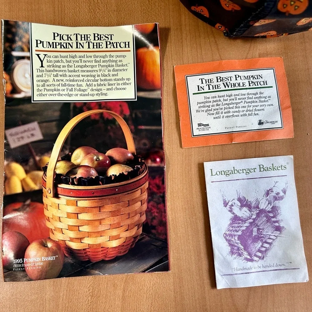 1995 Longaberger basket Pumpkin Combo Pumpkin cloth Liner/Protector/booklets
